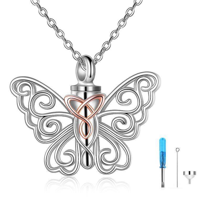 Collar de urna para cenizas de mujer en plata de ley con nudo celta y mariposa de dos tonos-14