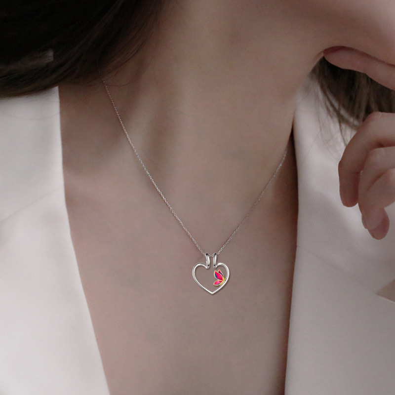Collar porta anillos de plata de ley con forma de corazón y mariposa en dos tonos para mujer-2