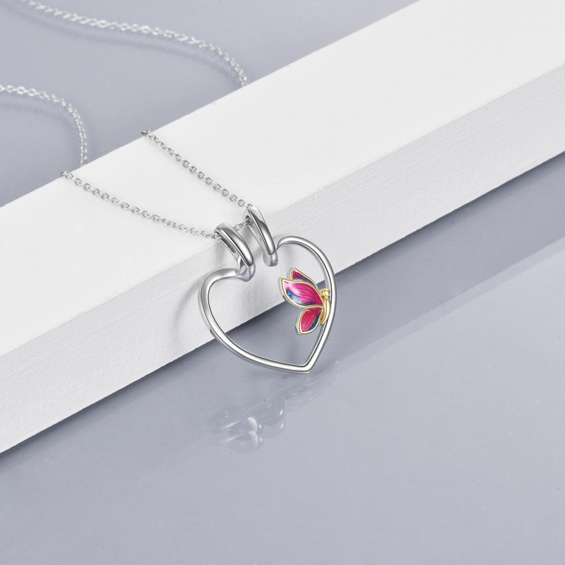 Collar porta anillos de plata de ley con forma de corazón y mariposa en dos tonos para mujer-3