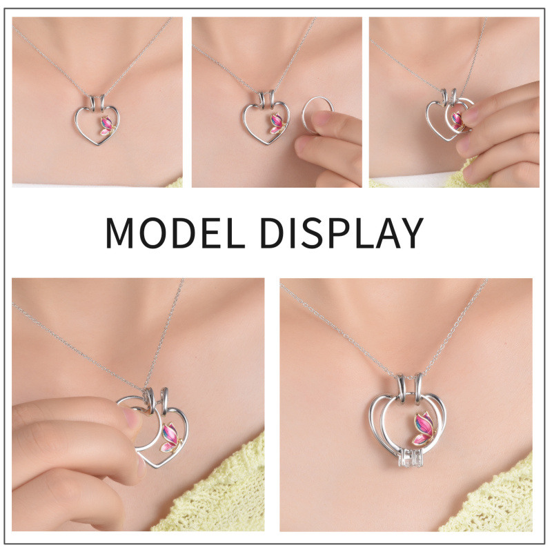 Collar porta anillos de plata de ley con forma de corazón y mariposa en dos tonos para mujer-4