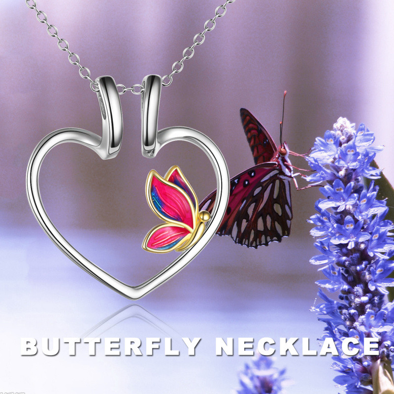 Collar porta anillos de plata de ley con forma de corazón y mariposa en dos tonos para mujer-6