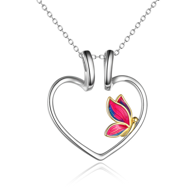 Collar porta anillos de plata de ley con forma de corazón y mariposa en dos tonos para mujer-1