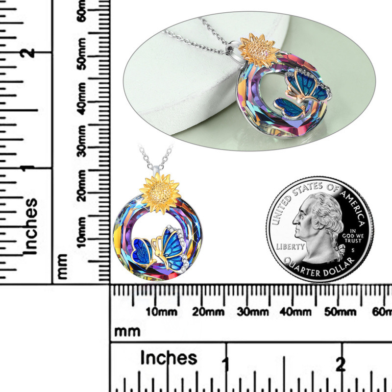 Zweifarbige Halskette aus Sterlingsilber mit Schmetterling und Sonnenblumen-Kristall für Damen-5