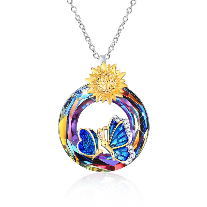 Collar de plata de ley con cristales, mariposas y girasoles en dos tonos para mujer-9