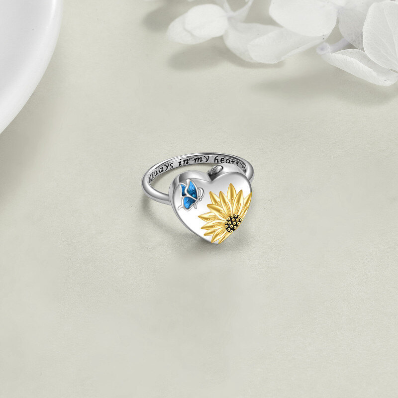 Bague urne papillon bicolore en argent sterling avec cœur de tournesol et mot gravé pour femme-3