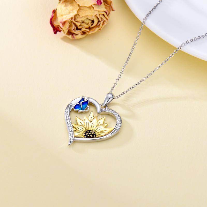 Halskette mit zweifarbigem Schmetterlings- und Sonnenblume-Herz-Anhänger aus Sterlingsilber für die beste Freundin der Frau-4