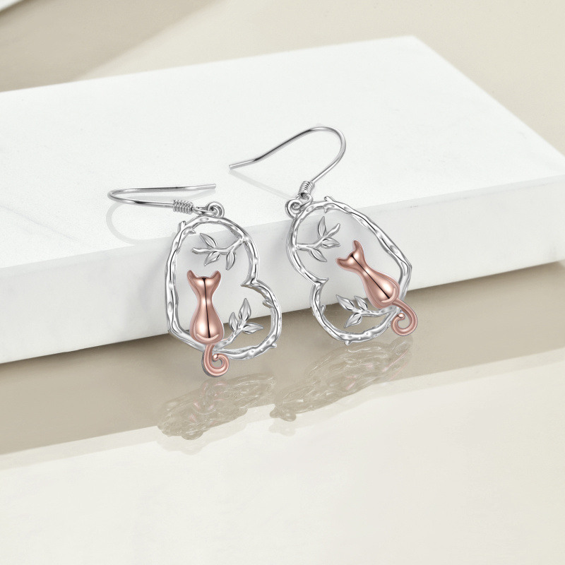 Pendientes colgantes de plata de ley con forma de corazón y gato en dos tonos-3