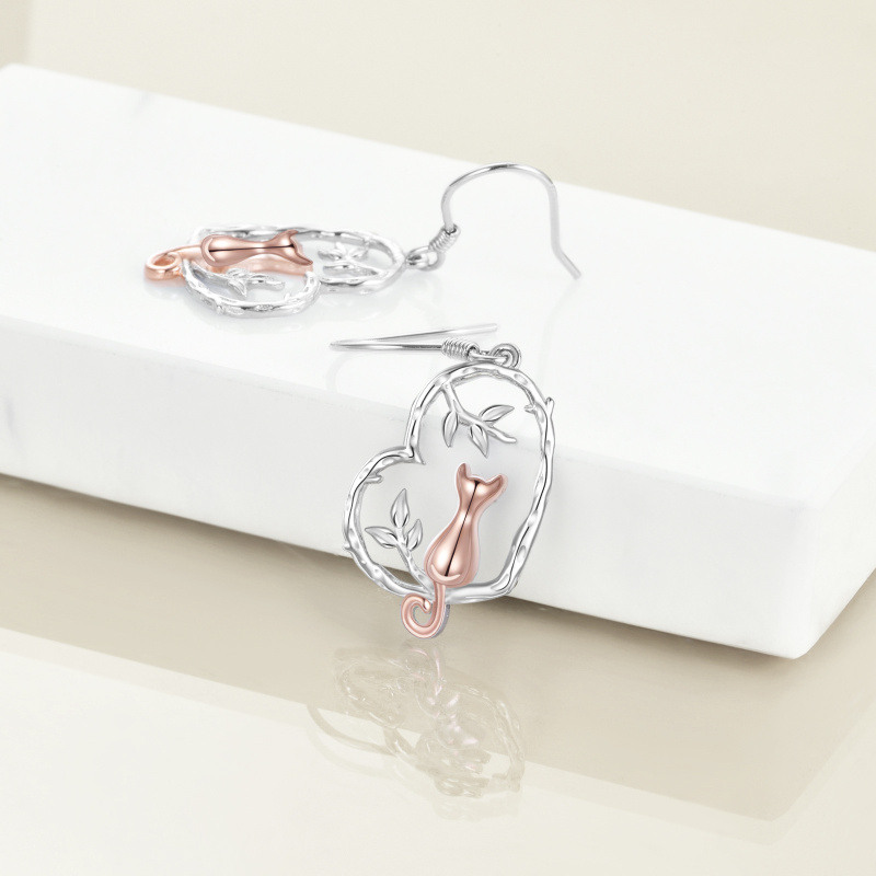 Pendientes colgantes de plata de ley con forma de corazón y gato en dos tonos-4
