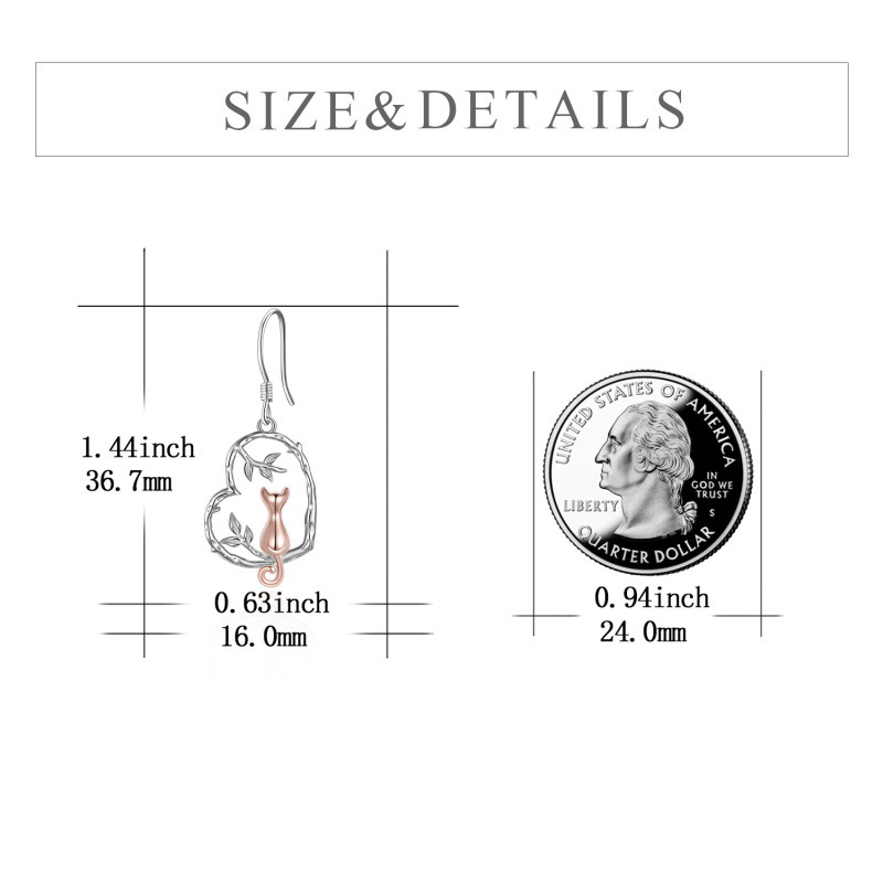 Pendientes colgantes de plata de ley con forma de corazón y gato en dos tonos-5