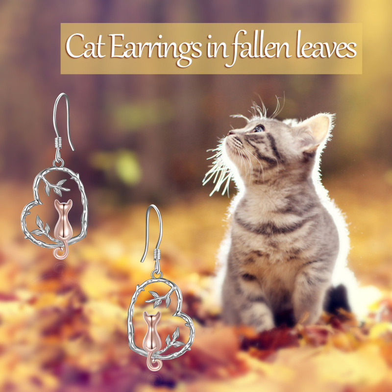 Pendientes colgantes de plata de ley con forma de corazón y gato en dos tonos-6