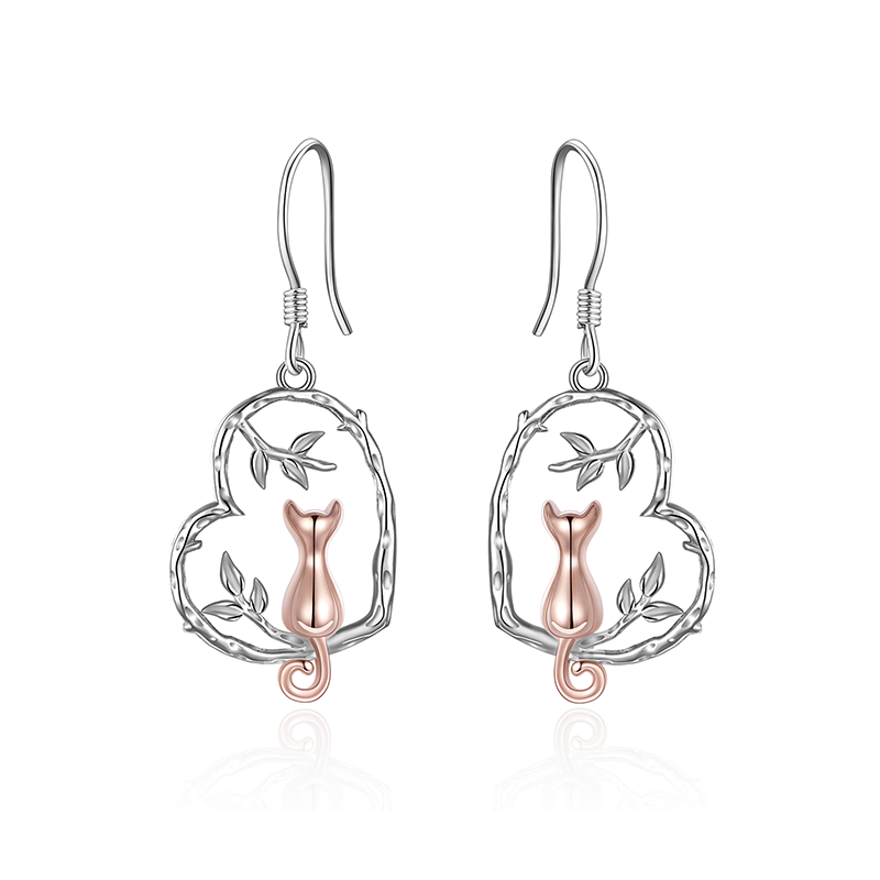 Pendientes colgantes de plata de ley con forma de corazón y gato en dos tonos-1