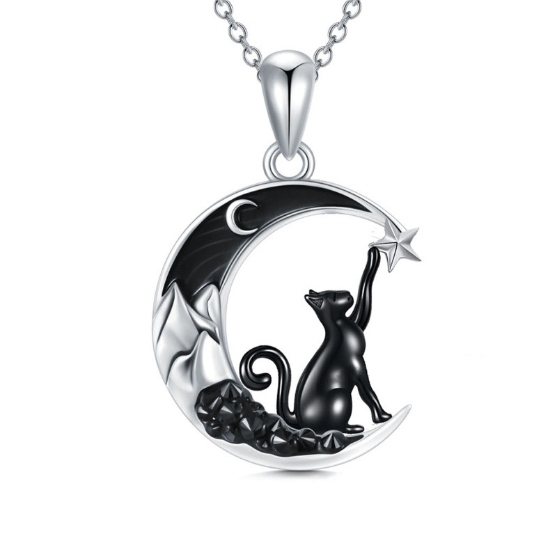 Sterling Silver Two-tone Cat & Moon Star Pendant Necklace-4