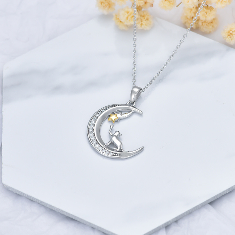 Collar con colgante de estrella lunar y gato en dos tonos de plata de ley para adolescente-4