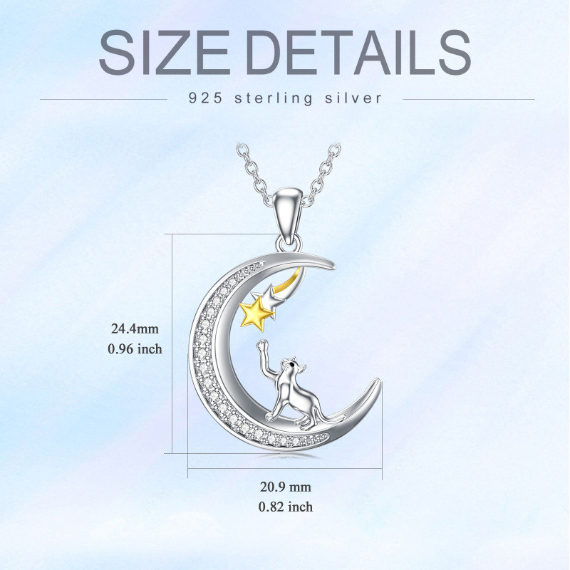 Collar con colgante de estrella lunar y gato en dos tonos de plata de ley para adolescente-6