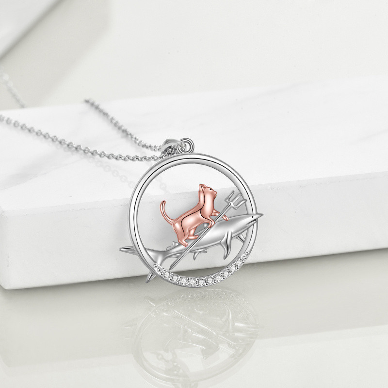 Collier pendentif chat requin bicolore en argent sterling pour femmes et hommes-4