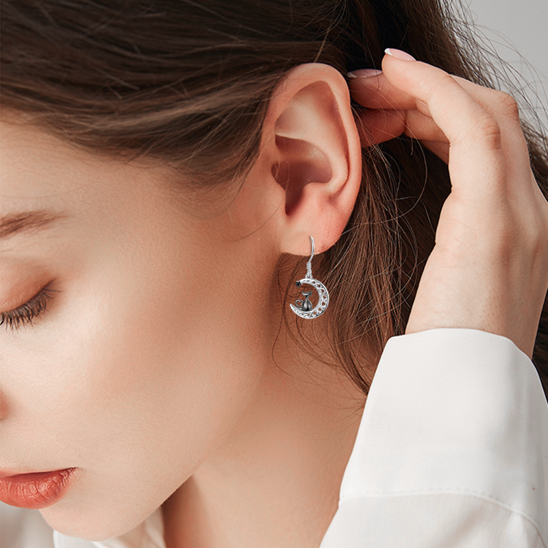 Pendientes colgantes de plata de ley con circonita cúbica circular de dos tonos, diseño de gato y nudo celta, para mujeres, mejores amigas-3