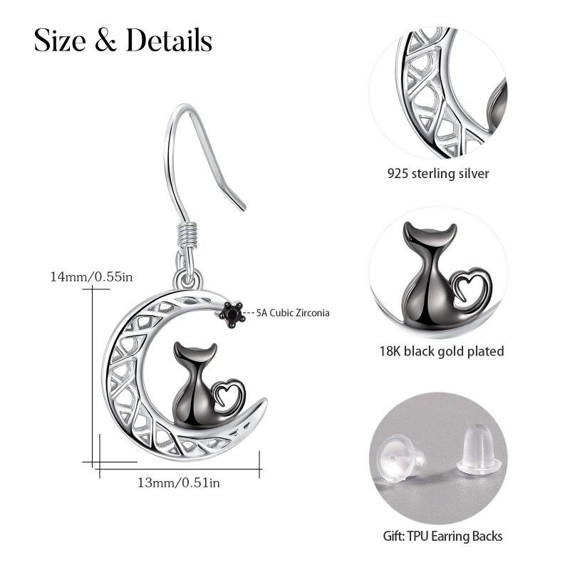 Pendientes colgantes de plata de ley con circonita cúbica circular de dos tonos, diseño de gato y nudo celta, para mujeres, mejores amigas-5