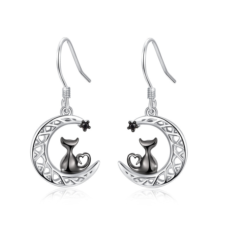 Sterling Silver Two-Tone Circular Cubic Zirconia Cat & Celtic Knot Moon Drop Earrings For Women Best Friends-20