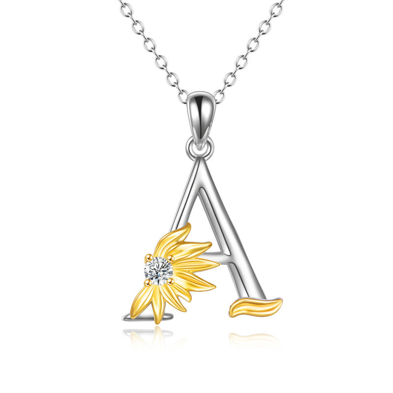 Collar con colgante de girasol personalizado con inicial A y circonita cúbica circular de dos tonos en plata de ley para mujer-1