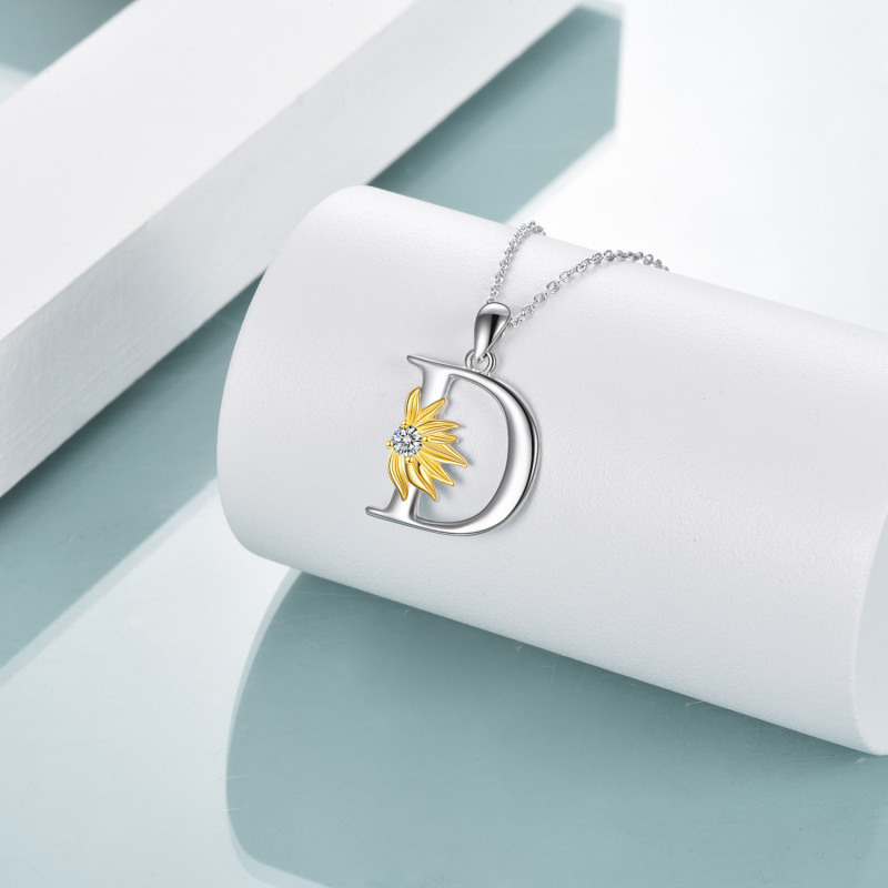 Sterling Silver Two-Tone Circular Cubic Zirconia Personalized Initial Letter D Sunflower Pendant Necklace For Women-3