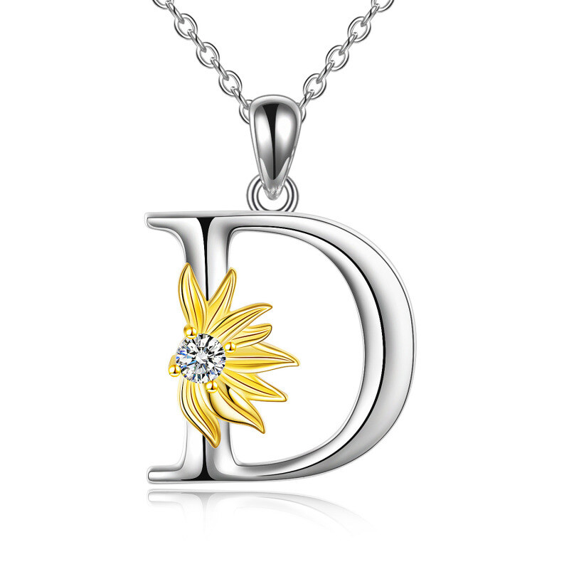 Sterling Silver Two-Tone Circular Cubic Zirconia Personalized Initial Letter D Sunflower Pendant Necklace For Women-1