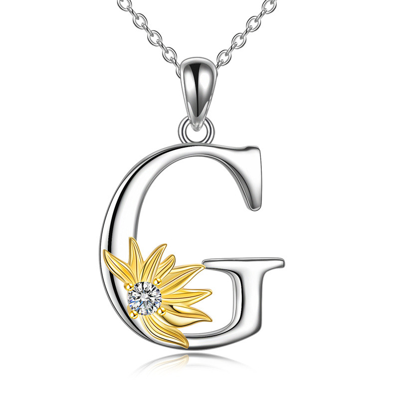 Collar con colgante de girasol personalizado con inicial G y circonita cúbica circular de dos tonos en plata de ley para mujer-1