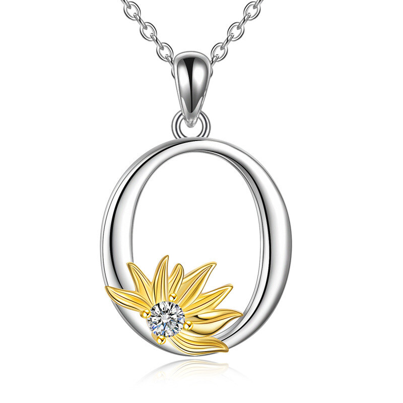 Collar con colgante de girasol personalizado con inicial O y circonita cúbica circular de dos tonos en plata de ley para mujer-1