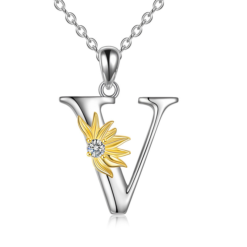 Sterling Silver Two-Tone Circular Cubic Zirconia Personalized Initial Letter V Sunflower Pendant Necklace For Women-1