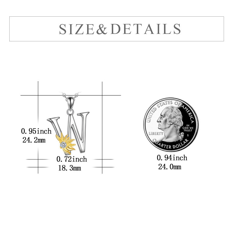 Collar con colgante de girasol personalizado con inicial W y circonita cúbica circular de dos tonos en plata de ley para mujer-5