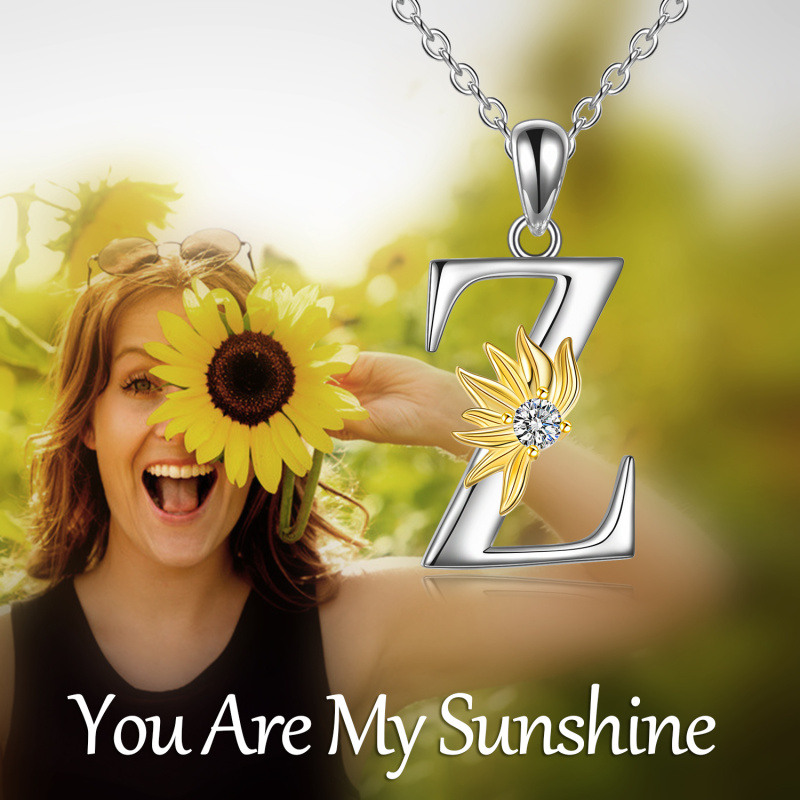Collar con colgante de girasol personalizado con inicial Z y circonita cúbica circular de dos tonos en plata de ley para mujer-6