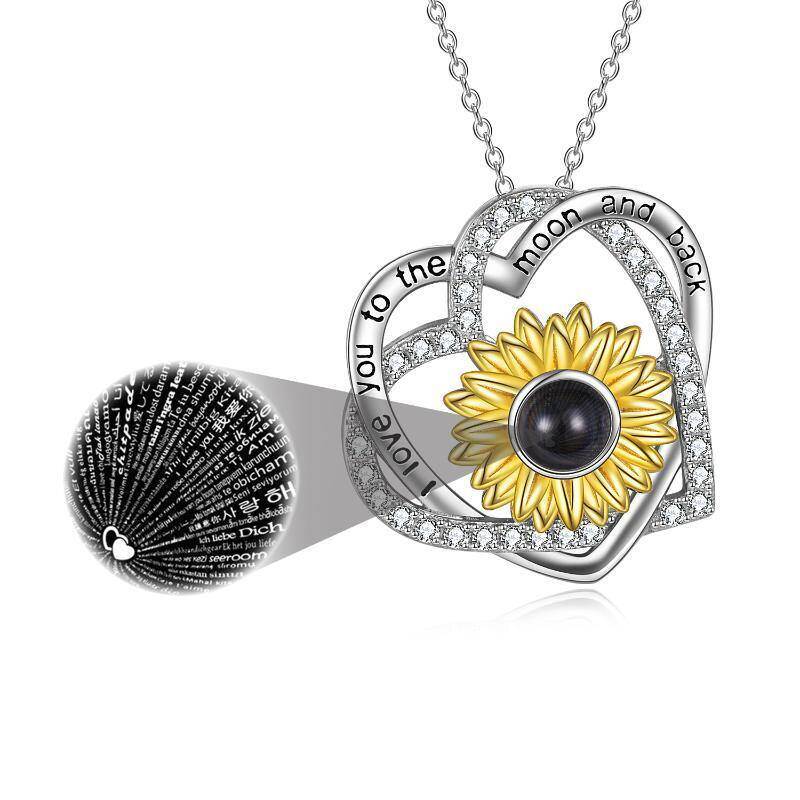 Collar con colgante de girasol de piedra de proyección circular de dos tonos de plata de ley con palabra grabada para mujer-14