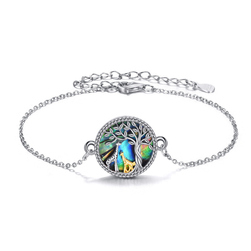 Pulsera colgante de plata de ley con forma circular de abalón, jirafa y árbol de la vida-15