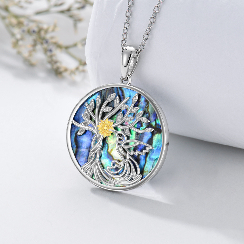 Collier pendentif arbre de vie en argent sterling bicolore de forme circulaire en forme de coquillage d'ormeau, colibri, tournesol-3