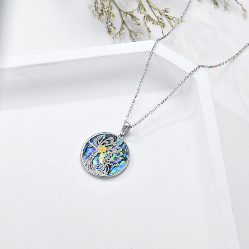 Collier pendentif arbre de vie en argent sterling bicolore de forme circulaire en forme de coquillage d'ormeau, colibri, tournesol-4
