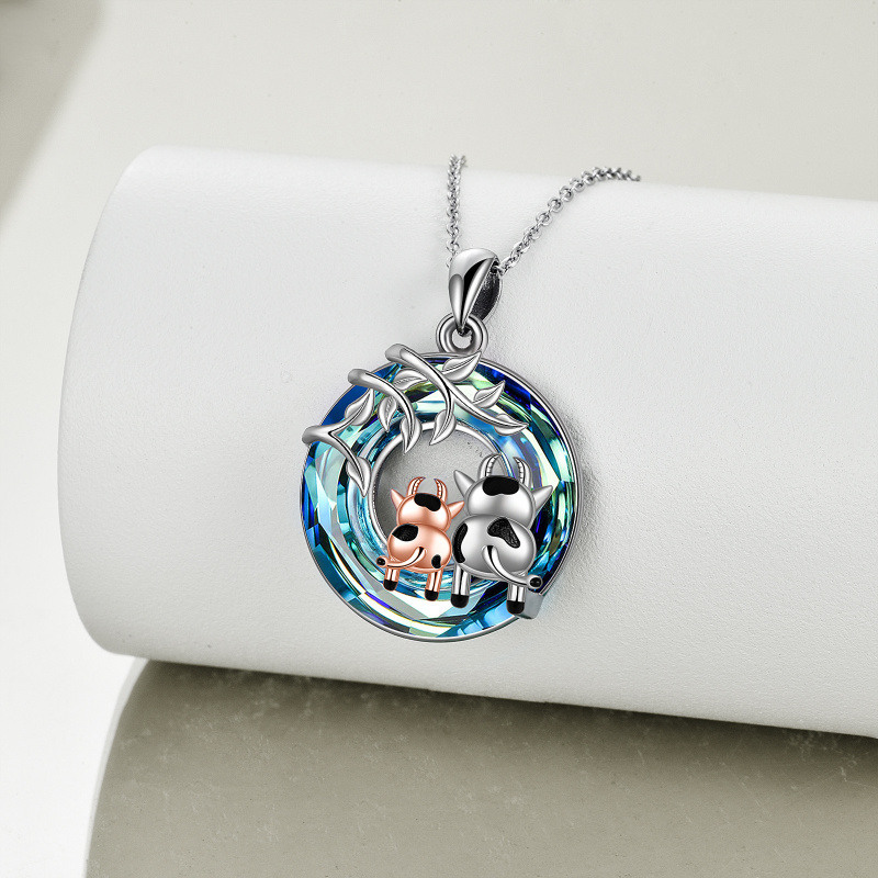 Collar colgante de plata de ley con forma circular de vaca y cristal de hiedra en dos tono-4