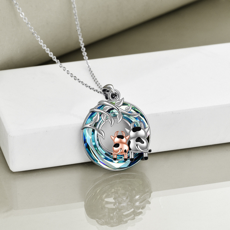 Collar colgante de plata de ley con forma circular de vaca y cristal de hiedra en dos tono-5