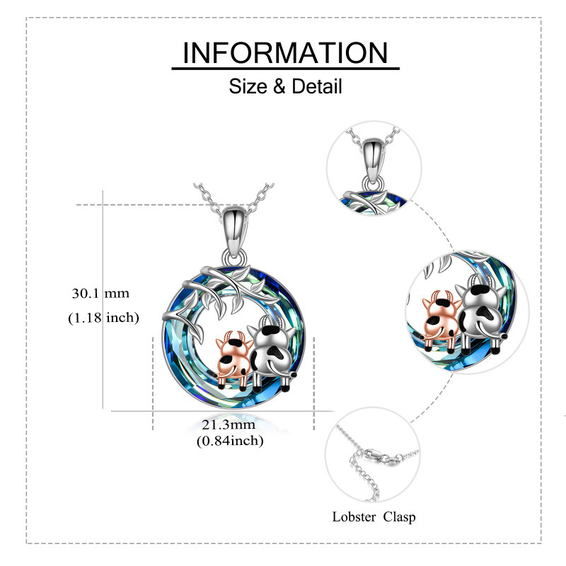 Collar colgante de plata de ley con forma circular de vaca y cristal de hiedra en dos tono-6