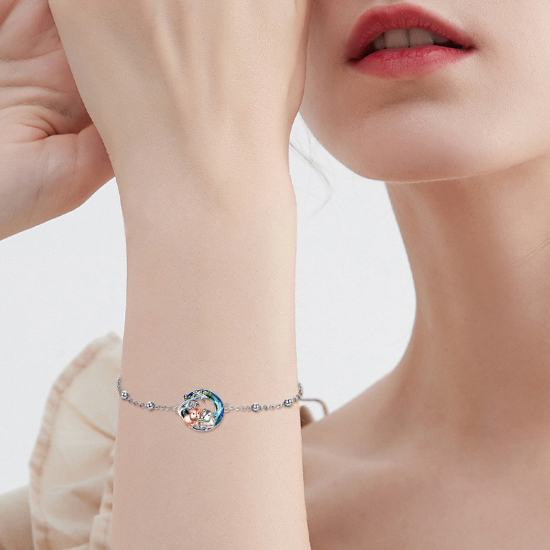 Pulsera de plata de ley bicolor con forma circular de cristal y colgante de hámster-2