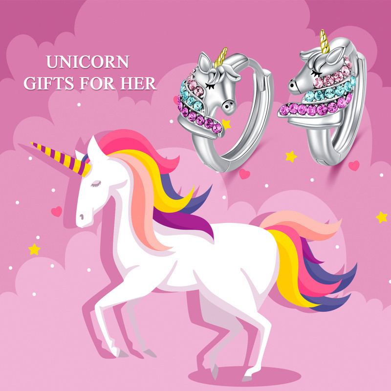 Aros de plata de ley con unicornio de cristal en forma circular de dos tonos-6