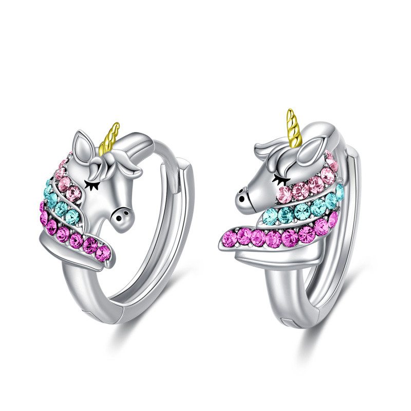 Sterling Silver Two-tone Circular Shaped Crystal Unicorn Hoop Earrings-6