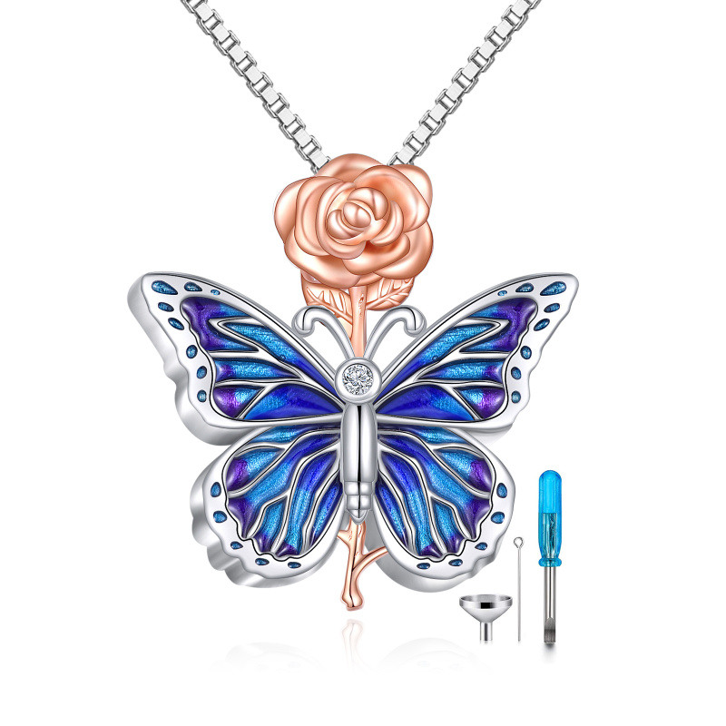 Collar de plata de ley bicolor con circonita cúbica en forma de mariposa y urna de rosas-18