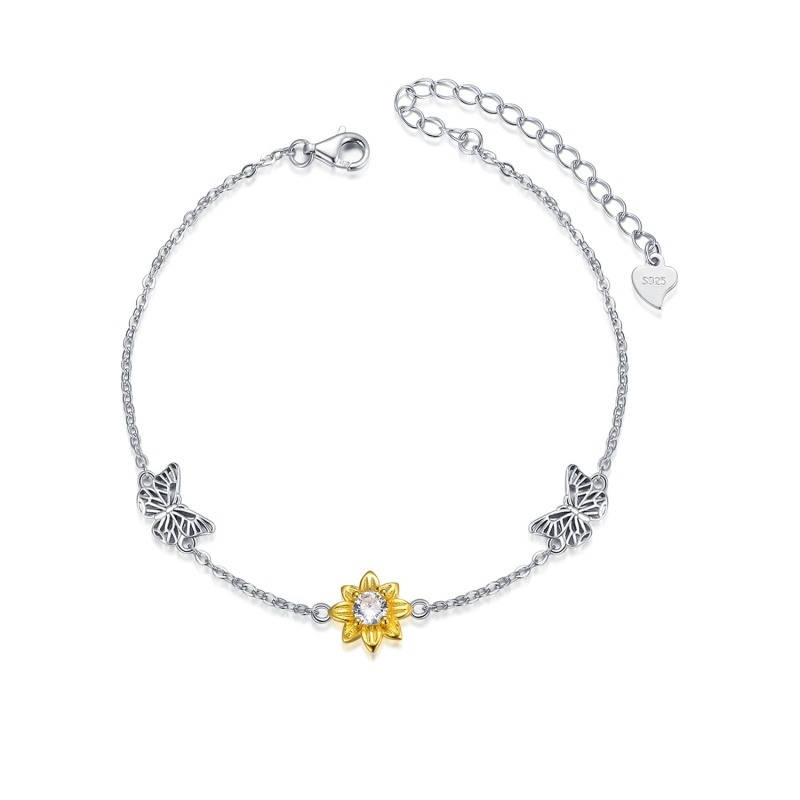Pulsera de plata de ley con forma circular de circonita y colgante de mariposa y girasol-1