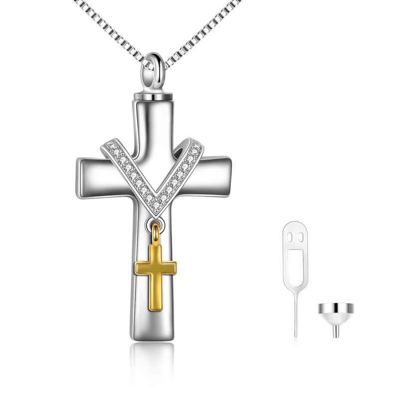 Plata de ley de dos tonos Circular en forma de circonio cúbico Cruz Urna collar-16