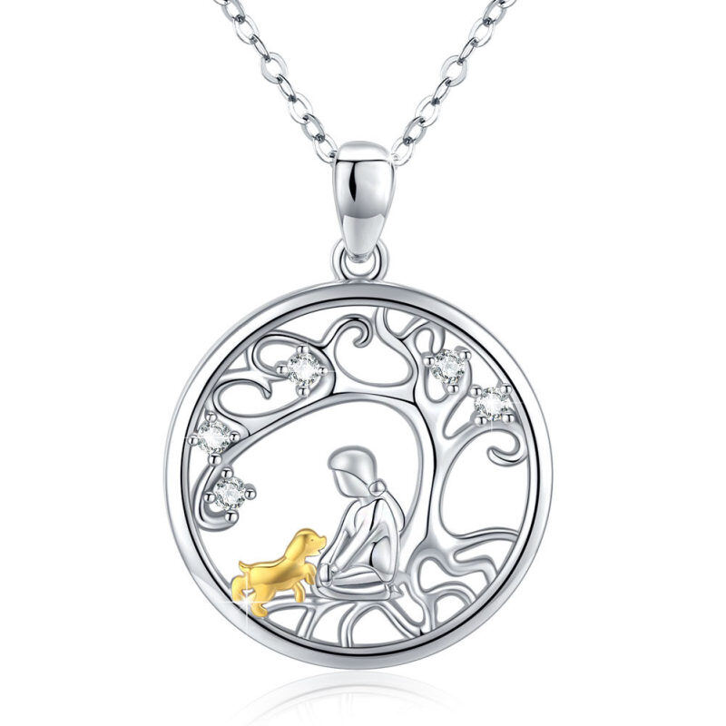 Collar con colgante de perro con circonita cúbica en forma circular de dos tonos de plata de ley-7