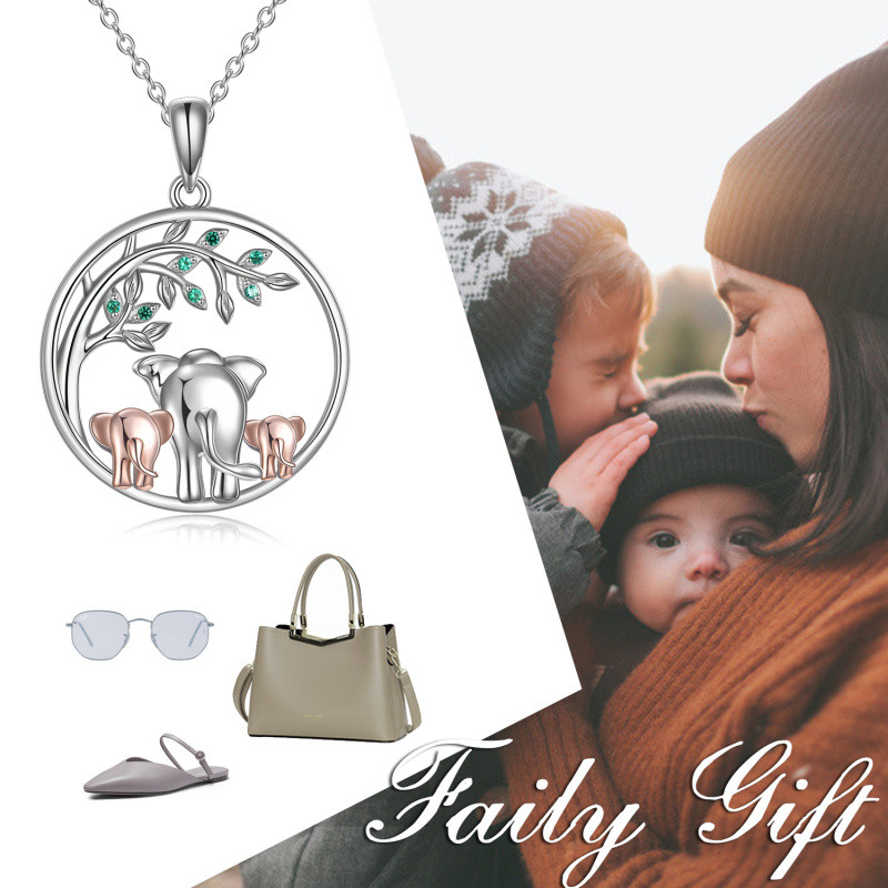 Sterling Silver Two-tone Circular Shaped Cubic Zirconia Elephant & Tree Of Life Pendant Necklace-6