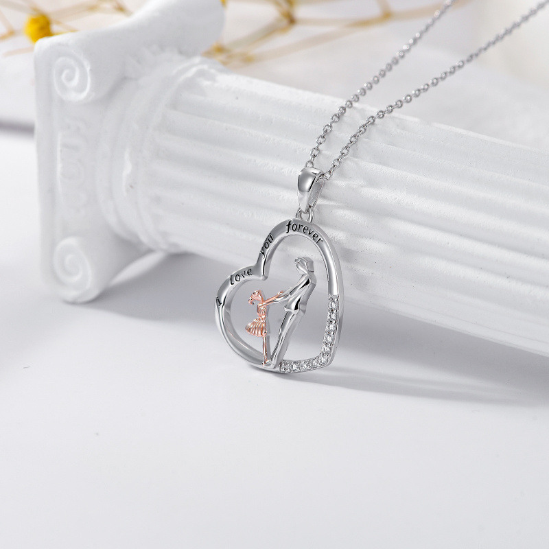 Plata de ley de dos tonos Circular en forma de circonio cúbico Padre e Hija Collar colgant-3