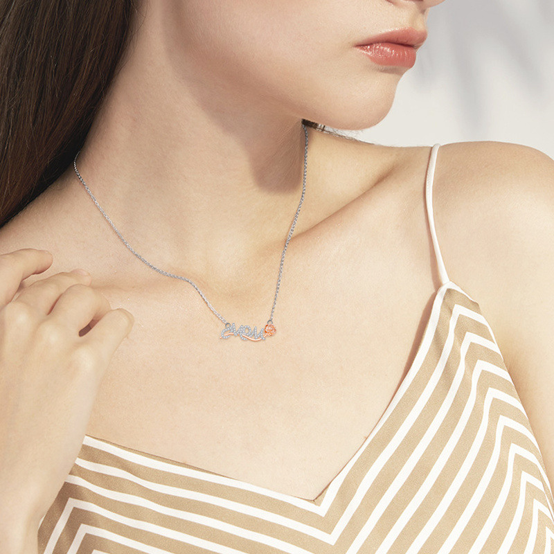 Plata de ley de dos tonos en forma circular de circonio cúbico rosa y madre collar colgant-2