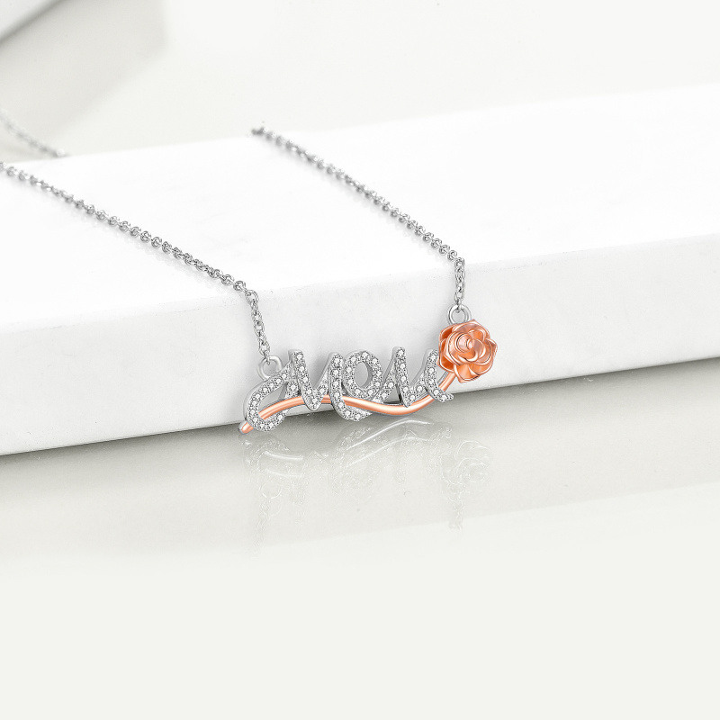 Plata de ley de dos tonos en forma circular de circonio cúbico rosa y madre collar colgant-3