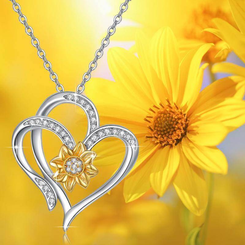 Collar con colgante de corazón de girasol y circonita cúbica en dos tonos de plata de ley-6