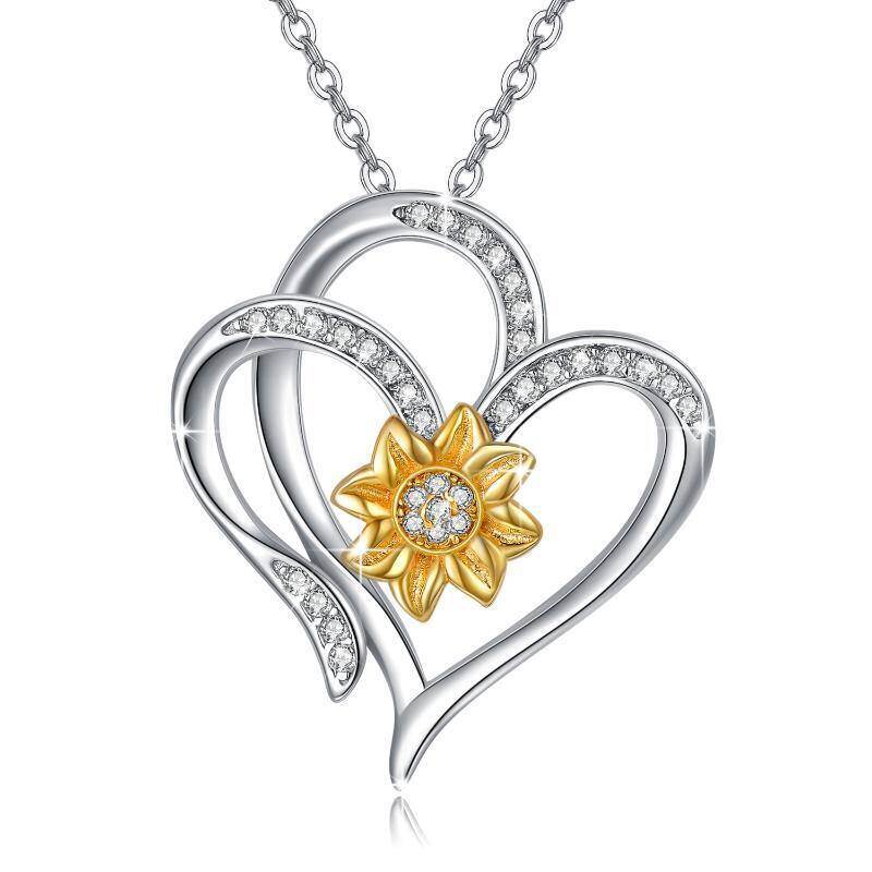Collar con colgante de corazón de girasol y circonita cúbica en dos tonos de plata de ley-1